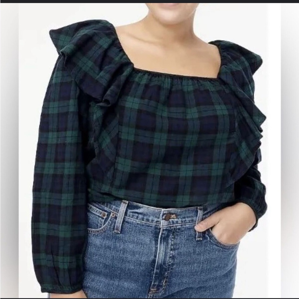 J. Crew Blackwatch blue and green Flannel Square neck ruffle top small